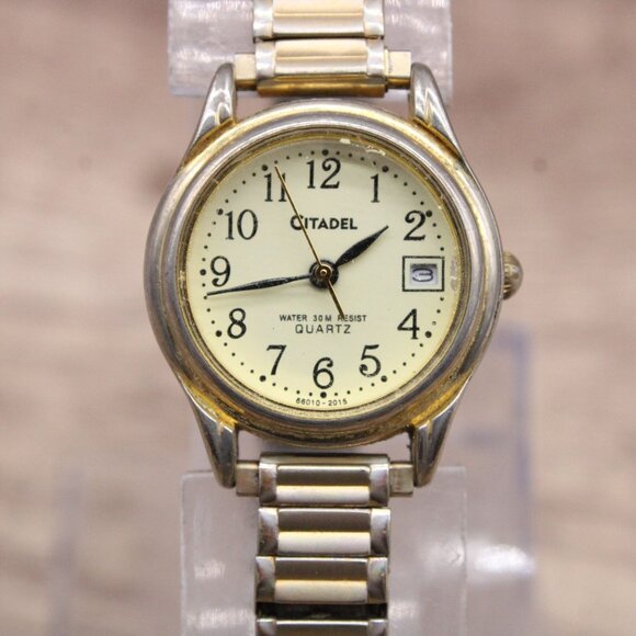 Vintage Citadel Watch Womens Gold Tone Stainless Steel Classic Beige Date Dial - Picture 3 of 8